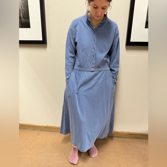 90s Eddie Bauer Blue Cotton Jersey Knit Midi Dress XL Elastic Waist Casual - Picture 1 of 8